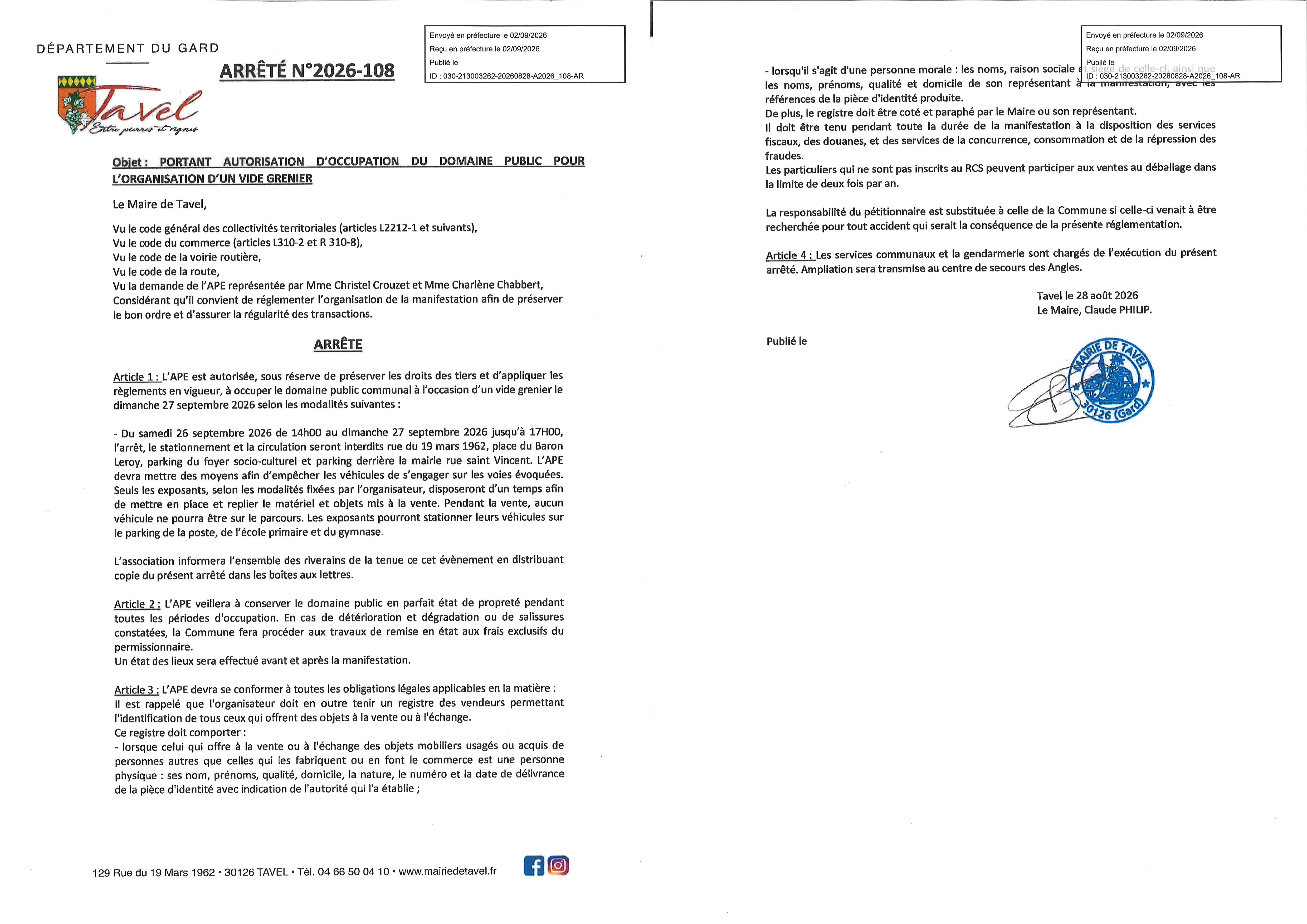 ARRETE 2026 108 VIDE GRENIER